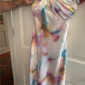 Monique Lhuillier One-Shoulder Watercolor Satin Dress in White Multi